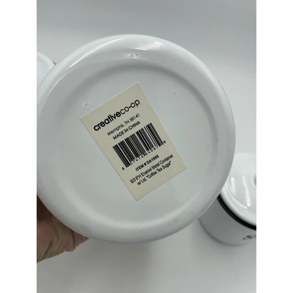 Farmhouse Coffee Tea Sugar White‎ Black Enamelware Canister Set Metal Cottage